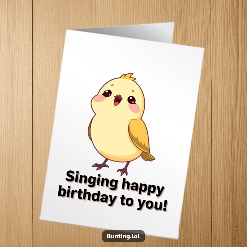 Funny Free Printable Birthday Card: A bunting bird tilts its head, absorbed as if enjoying a beautiful song. Downloadable art.