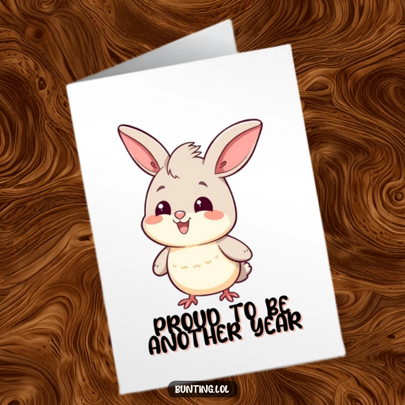 Funny Free Printable Birthday Card: Happy bunting character doing a confident, proud head bob, exuding self-assurance.