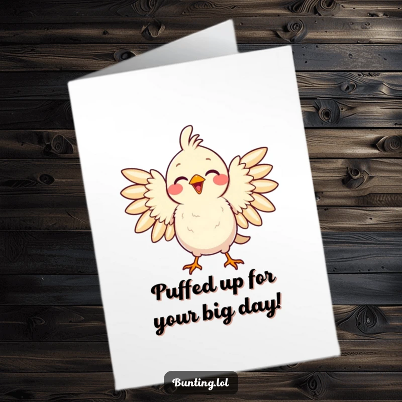 Funny Free Printable Birthday Card: Delighted bird puffing its feathers with pride, looking confident, a great downloadable gift.