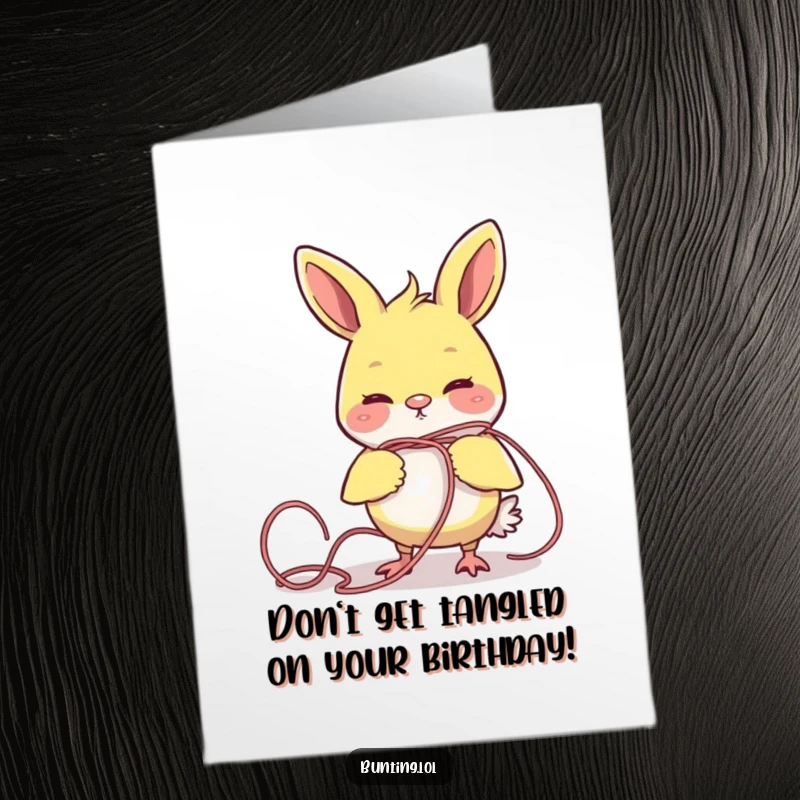 Funny Free Printable Birthday Card: Bunting character comically tangled in a messy strand of yarn.