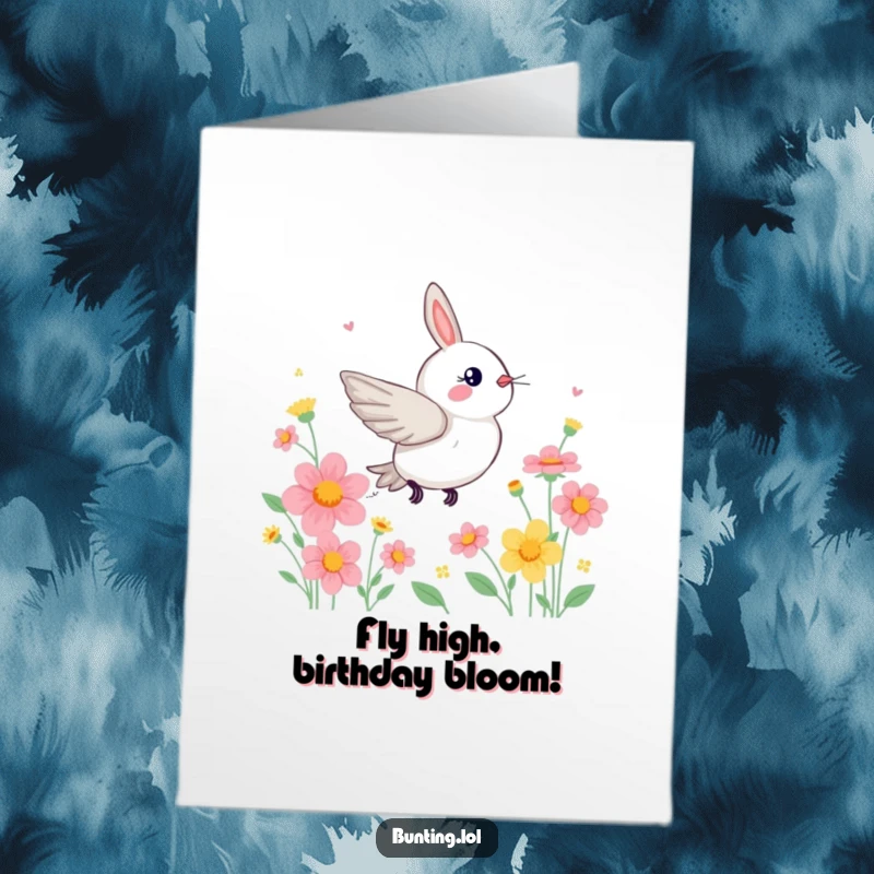Funny Free Printable Birthday Card: An energetic bunting zips joyfully through a field of colorful flowers.