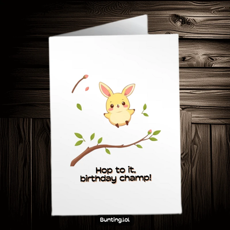 Funny Free Printable Bunting Birthday Card: Bird playfully leaping between twigs, ready to deliver birthday cheer, downloadable art.