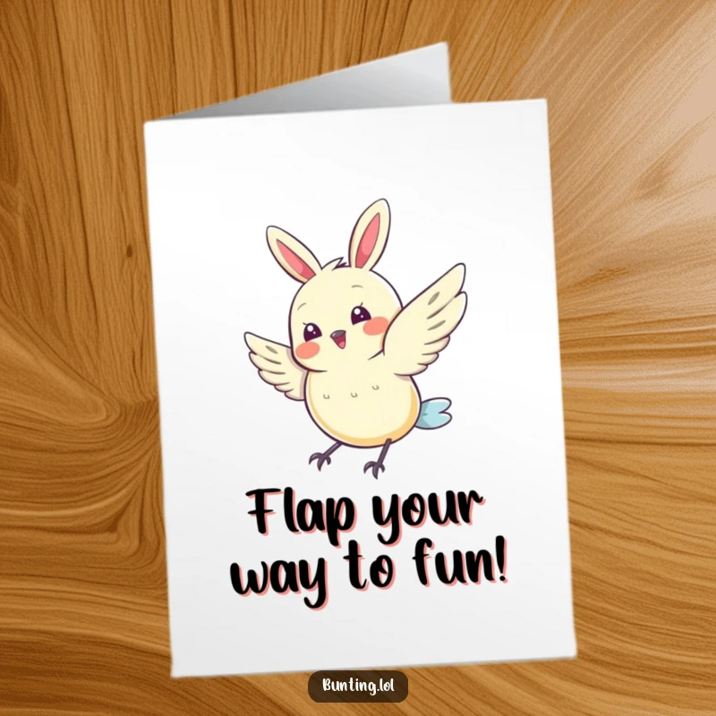 Funny Free Printable Birthday Card with a cute bunting character doing a joyful flutter of its wings. A happy downloadable greeting.