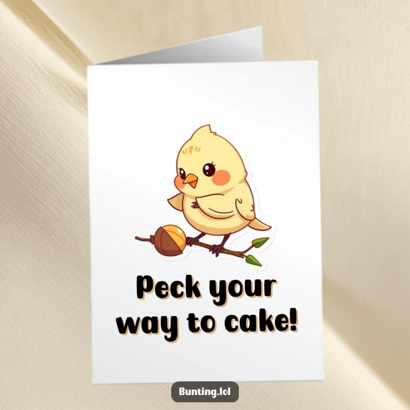 Funny Free Printable Birthday Card with a bunting character playfully pecking at a tiny seed. A cute downloadable birthday surprise.