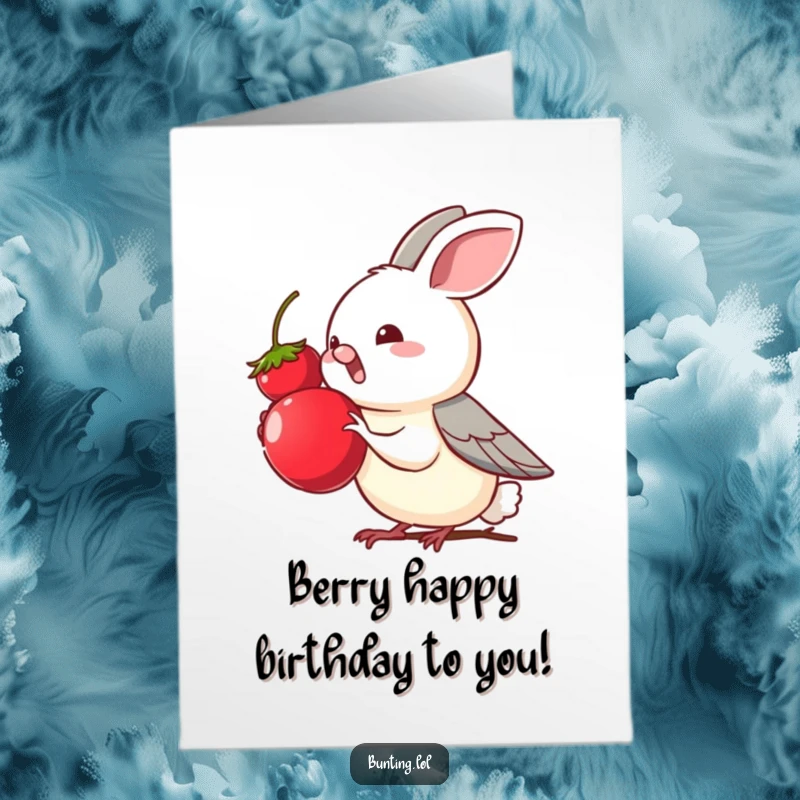 Funny Free Printable Birthday Card: A cute bunting bird eagerly reaching for a juicy, tempting berry.