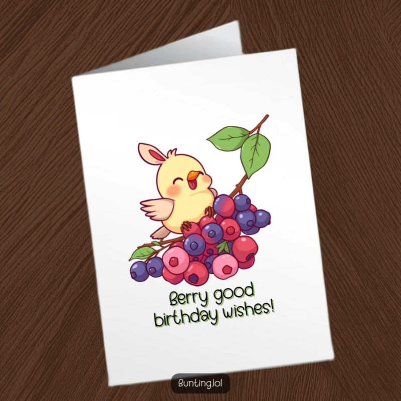 Funny Free Printable Bunting Birthday Card: Energetic bird pecking berries with beak wide open in pure delight.