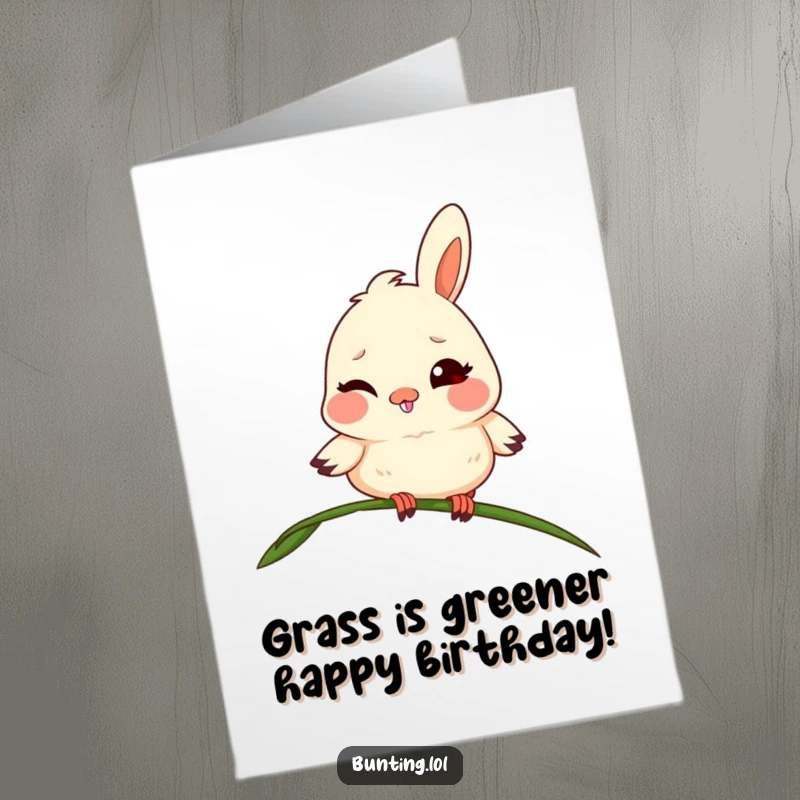 Funny Free Printable Birthday Card: Mischievous bunting winks playfully from a swaying blade of grass, spreading birthday cheer.