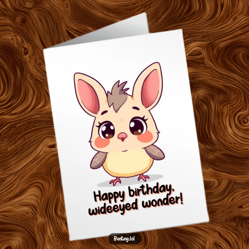 Funny Free Printable Birthday Card featuring a bunting character with wide eyes, curiously surveying its surroundings with interest.