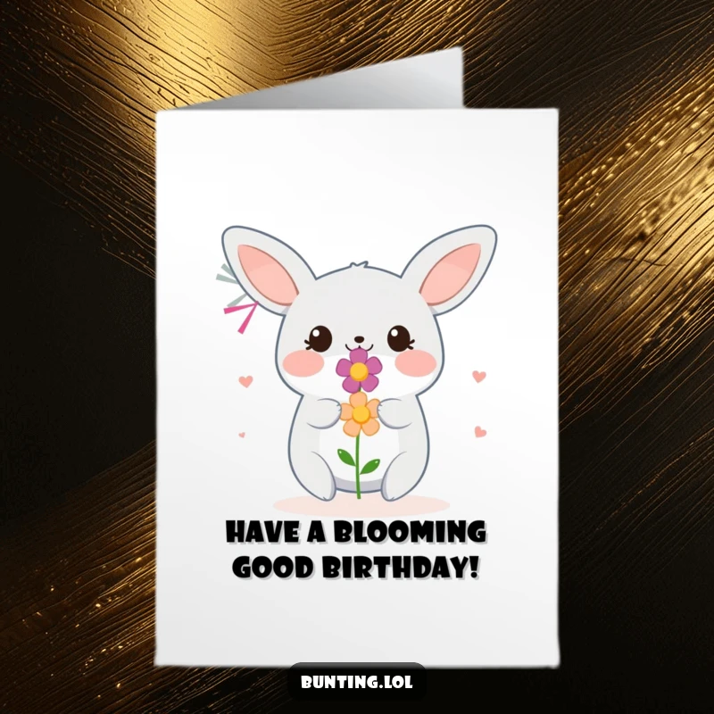 Funny Free Printable Birthday Card: Smiling bunting offers a small, colorful flower. Sweet, downloadable birthday greeting.