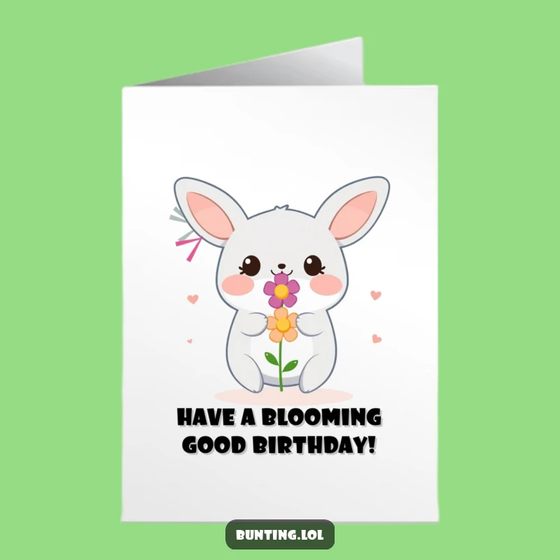 Free Printable Birthday Card: Smiling Bunting Offers Flower for Your Special Day