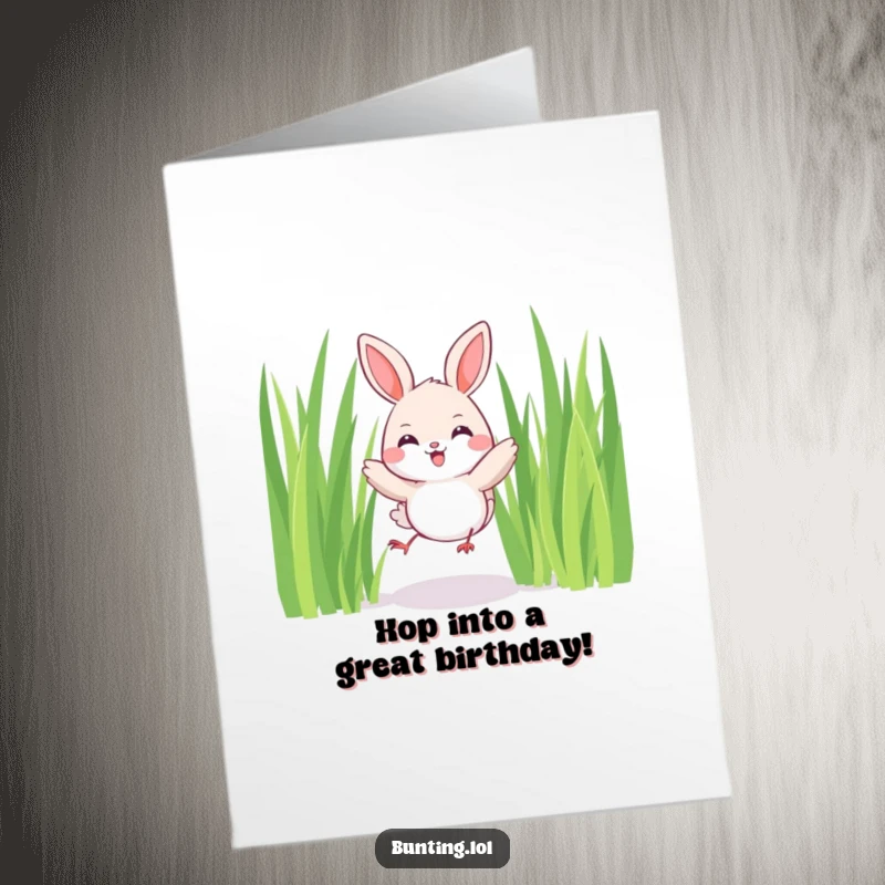 Funny Free Printable Birthday Card showing a cute bunting bird joyfully hopping among tall grass, full of birthday cheer.