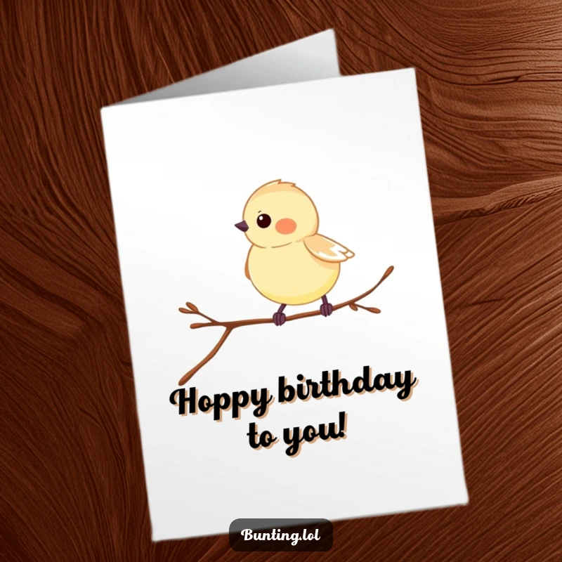 Funny Free Printable Birthday Card: A playful bunting hops merrily on a delicate twig, celebrating your day.