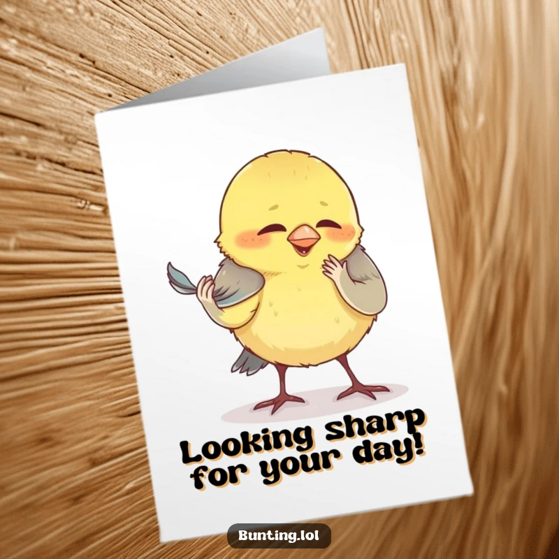 Funny Free Printable Birthday Card: A bunting is humorously focused on preening its tiny, perhaps insignificant, smallest feather.