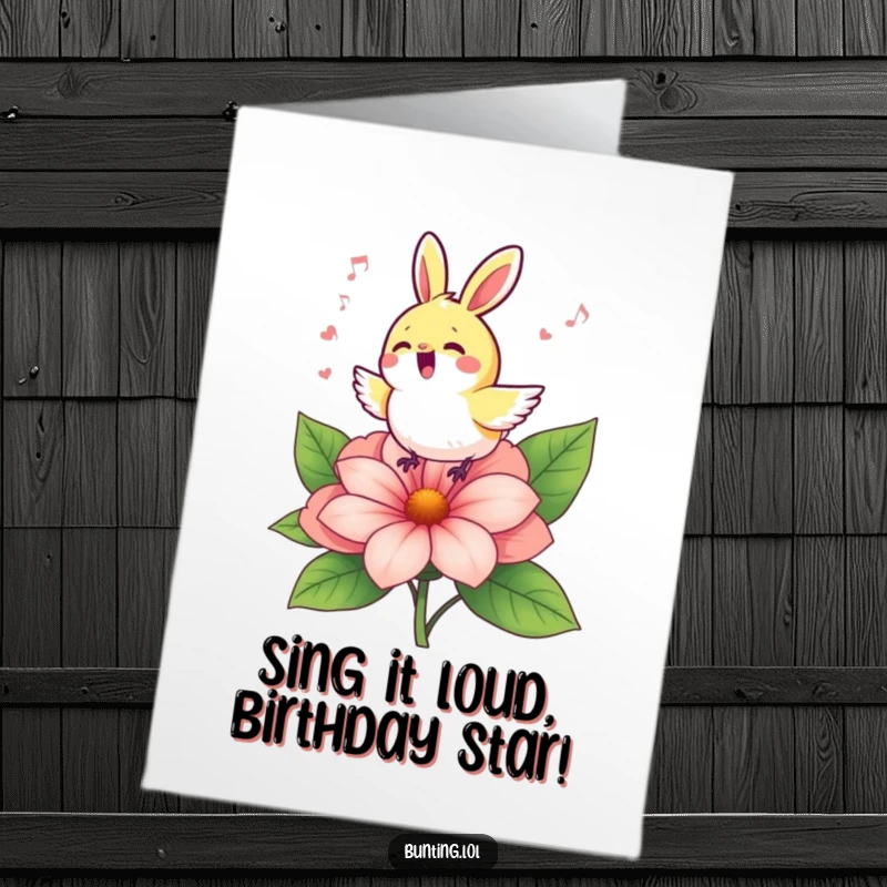 Funny Free Printable Birthday Card: Cute bunting character joyfully sings a birthday tune on a colorful flower.