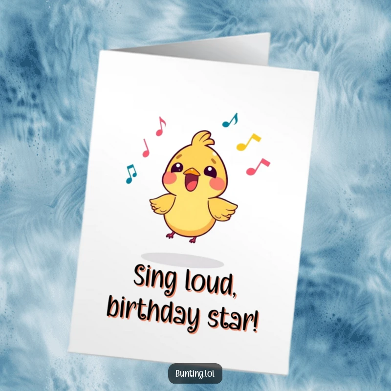 Funny Free Printable Birthday Card: A vibrant bird joyfully singing with musical notes flying around, perfect for any celebration.
