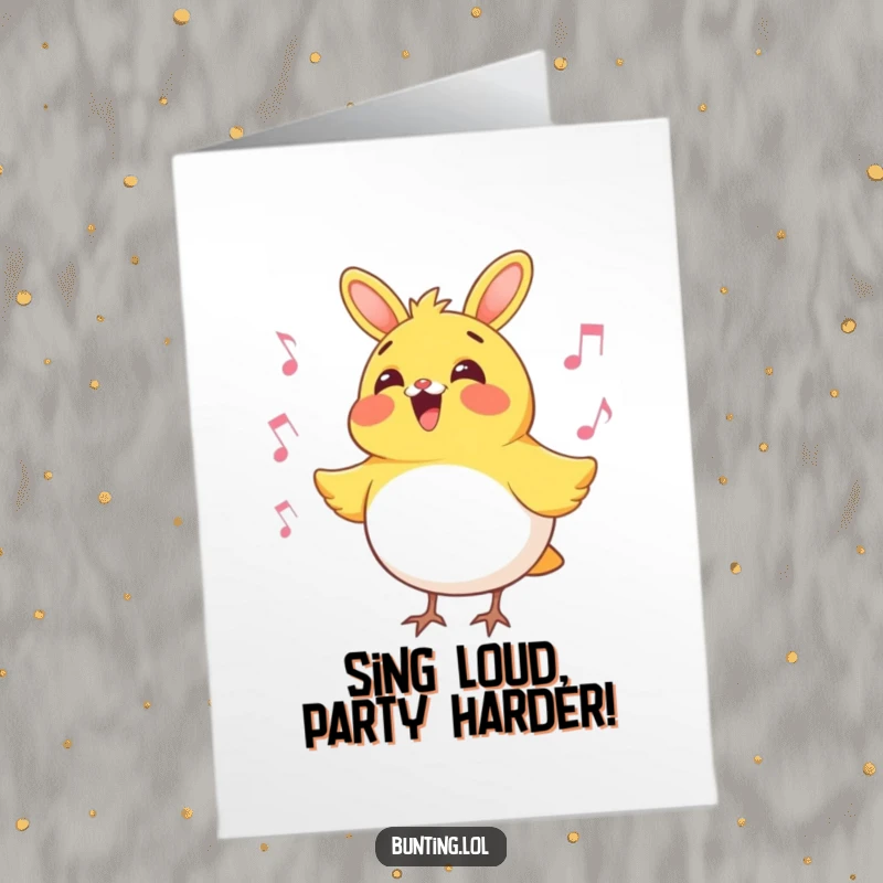 Funny Free Printable Birthday Card: A cheerful bunting character joyfully singing its heart out, spreading birthday cheer with its melody.