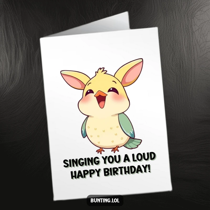 Funny Free Printable Birthday Card: Bunting character happily chirping with beak open, singing birthday wishes, a delightful downloadable greeting.