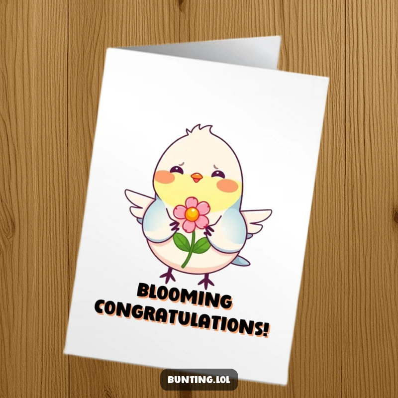 Free Printable Congratulations Card: A bunting bird offering a vibrant flower with a welcoming smile, celebrating your wonderful success.