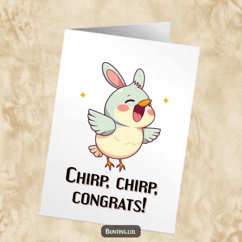 Funny Free Printable Congratulations Card showing a cute bunting singing joyfully with its beak open, celebrating achievements.