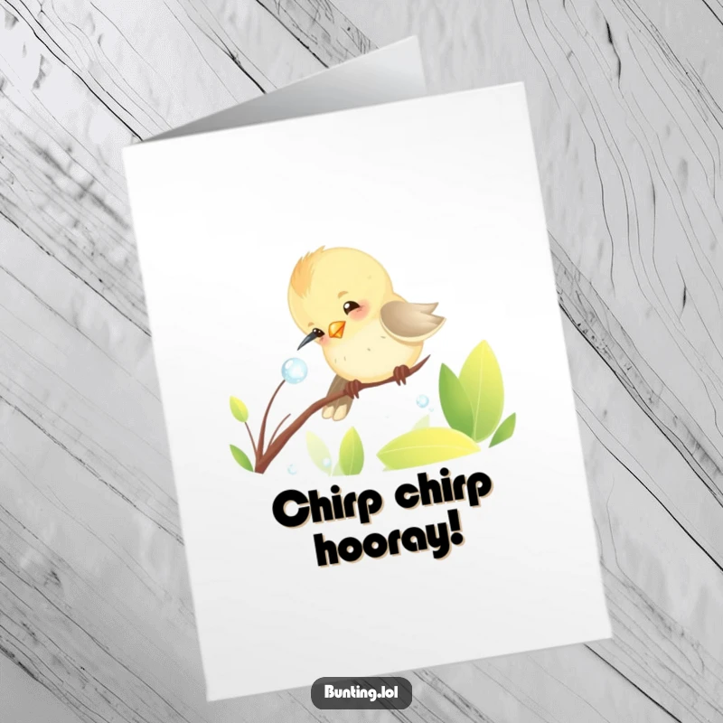 Funny Free Printable Congratulations Card: A charming bunting bird intently pecking at a dewdrop, symbolizing small joys and big wins.