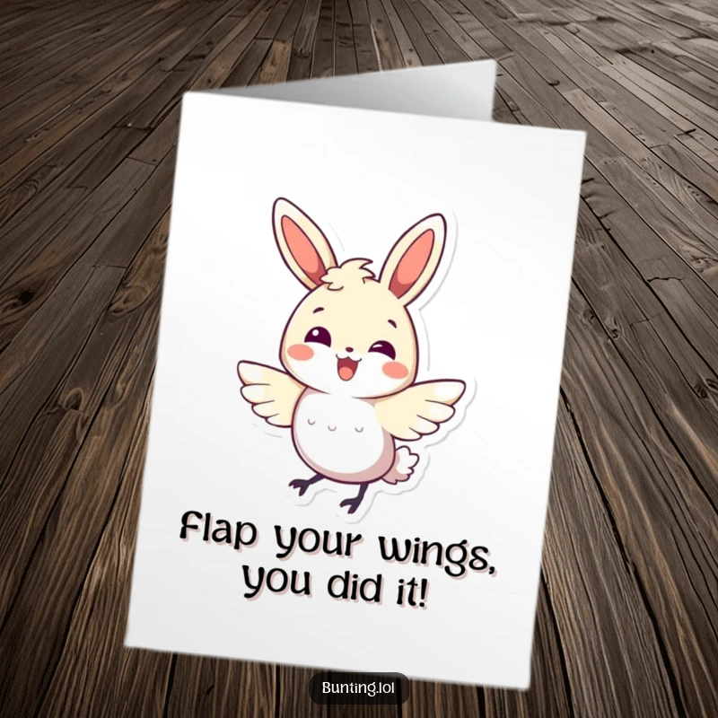 Funny Free Printable Bunting Congratulations Card: Bird doing a spirited wing flutter, celebrating success, downloadable art.