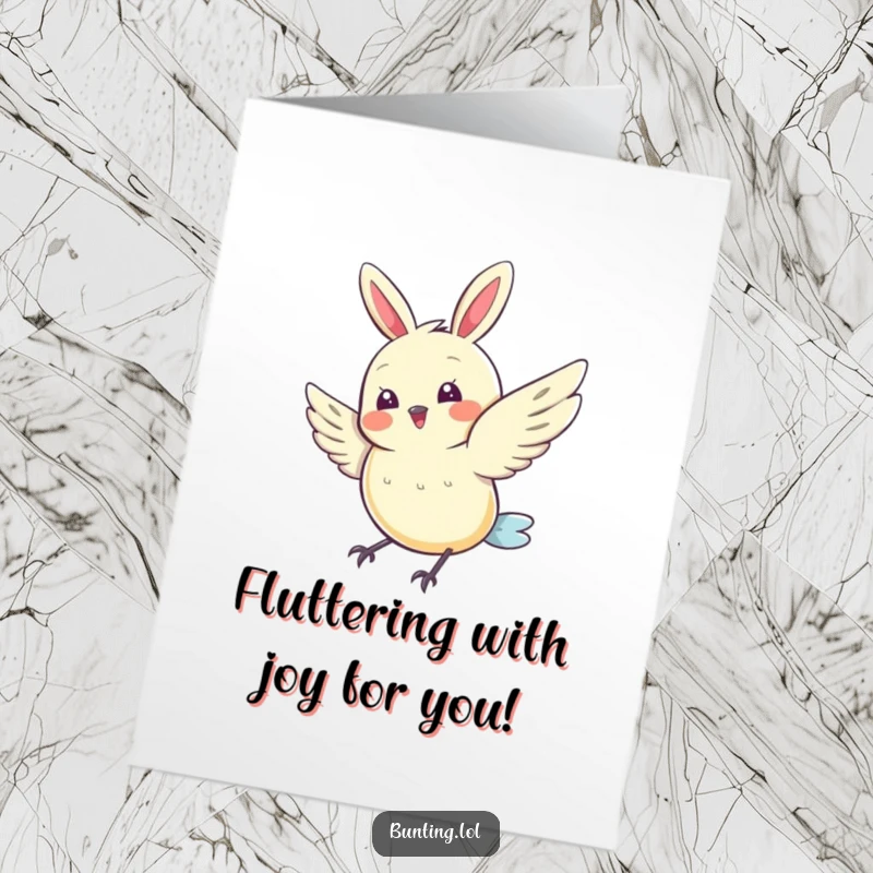 Funny Free Printable Congratulations Card with a cute bunting character doing a joyful wing flutter. A sweet downloadable message.