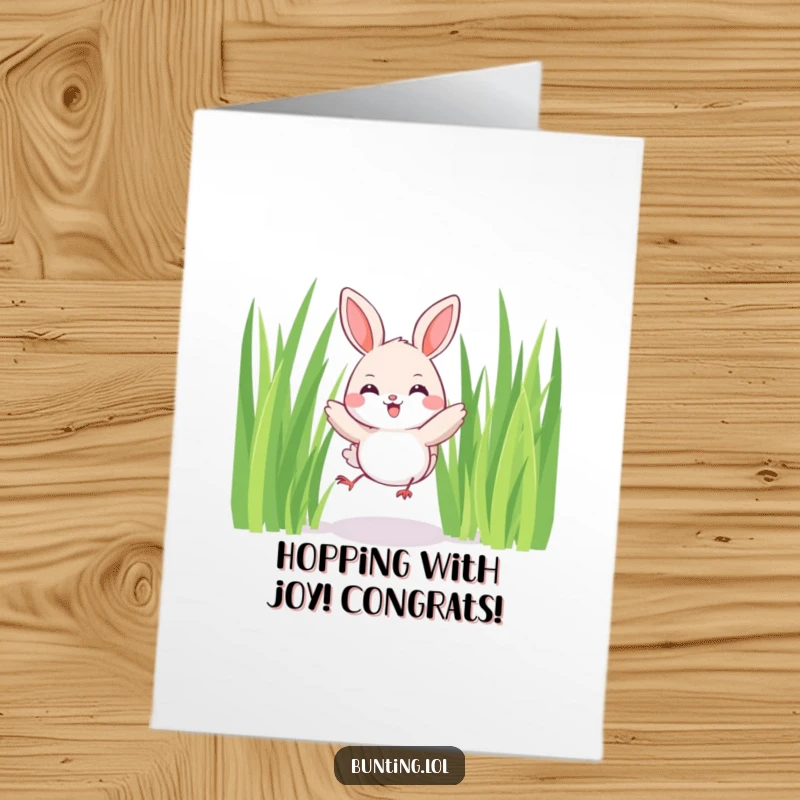 Funny Free Printable Congratulations Card of a cute bunting bird joyfully hopping among tall grass, celebrating success.