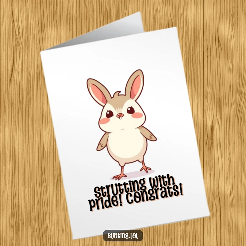 Funny Free Printable Congratulations Card featuring a bunting bird doing a tiny, proud strut, celebrating success with flair.