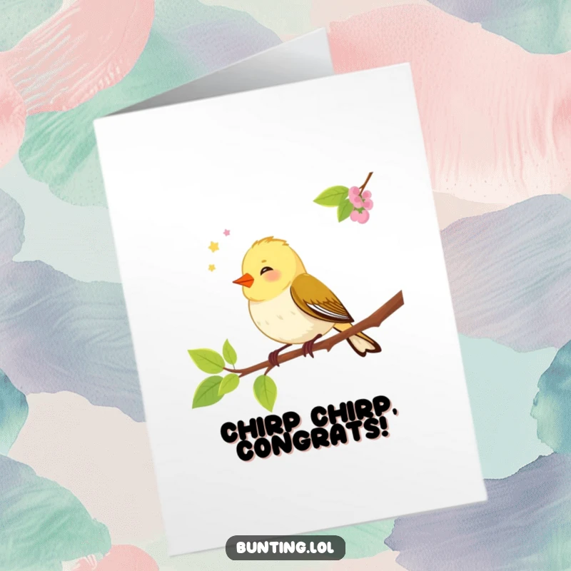 Funny Free Printable Congratulations Card: A happy bunting bird chirps merrily on a branch, celebrating your big win. Downloadable art.