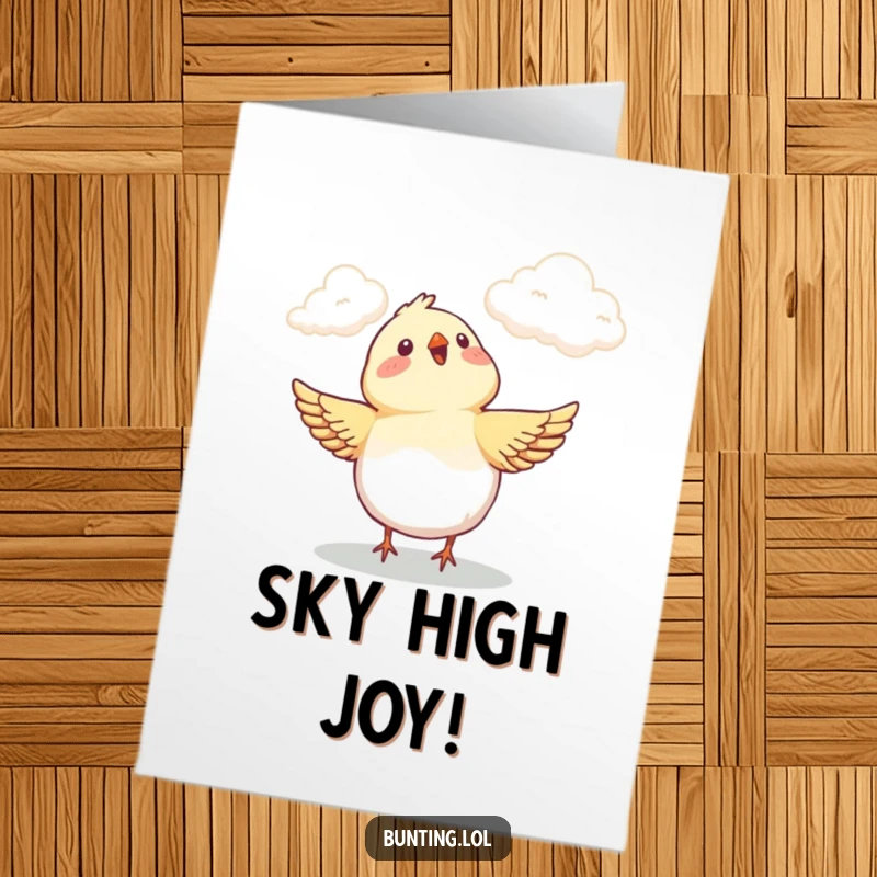 Free Printable Congratulations Card: A bunting bird looking up at clouds with obvious delight, celebrating your wonderful news.