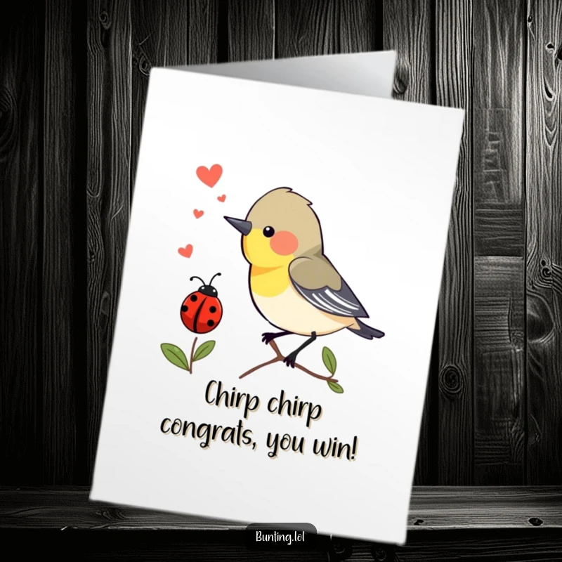 Funny Free Printable Congratulations Card showing a bunting bird chirping excitedly at a ladybug passing by, celebrating.