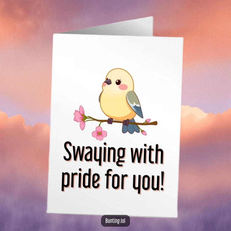 Funny Free Printable Congratulations Card of a bunting bird gently swaying on a delicate flower stem, celebrating.