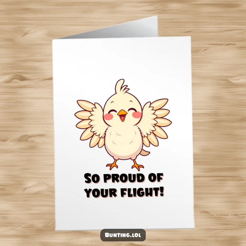 Funny Free Printable Congratulations Card: Delighted bird puffing chest feathers with pride, celebrating a win, a fantastic downloadable gift.