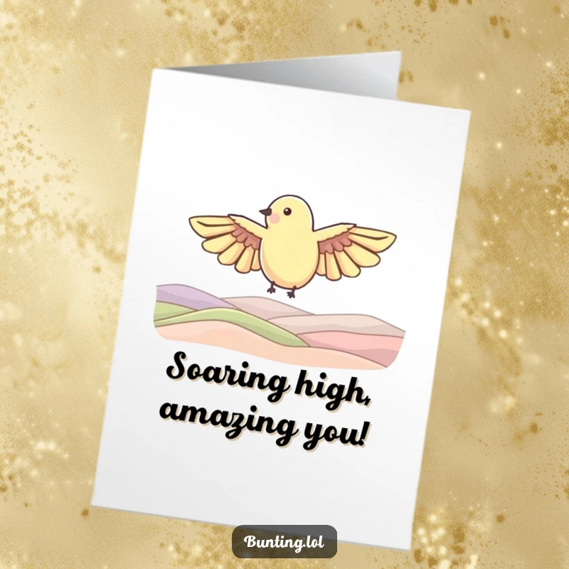 Funny Free Printable Congrats Card: A bunting bird shape with outstretched wings joyfully soaring over rolling hills, celebrating a big win.