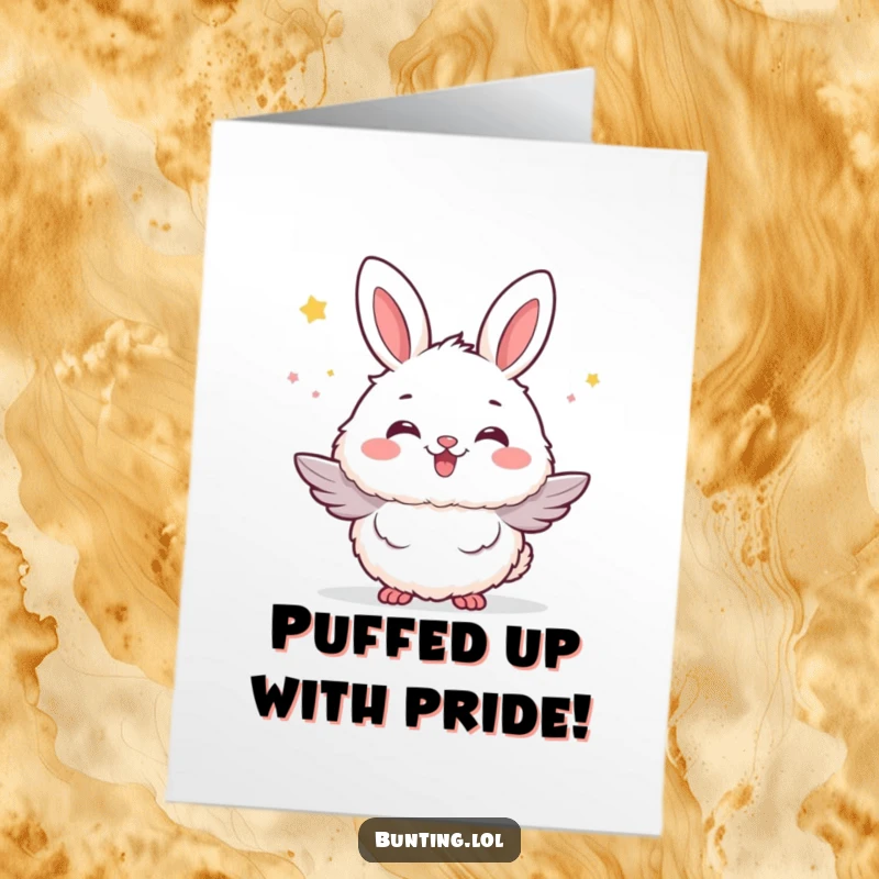 Funny Free Printable Congratulations Card: A bunting bird is puffed up, radiating sheer fluffy excitement over a great achievement. Downloadable art.