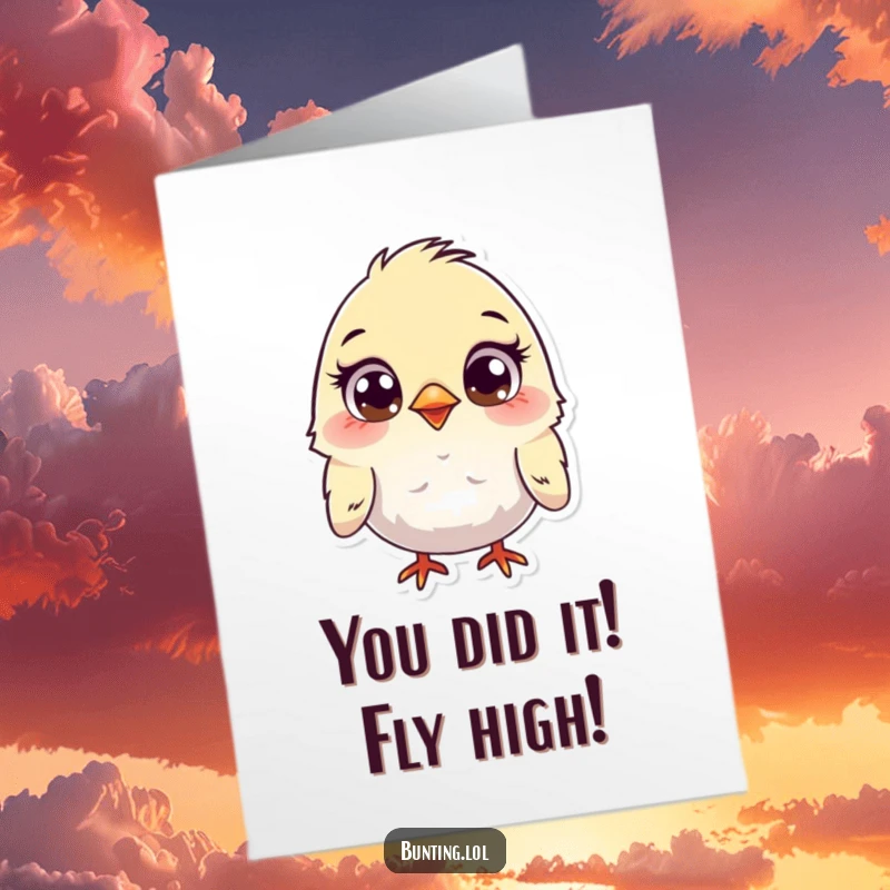 Funny Free Printable Congratulations Card featuring a wide-eyed bunting character looking around curiously. A cute downloadable greeting.