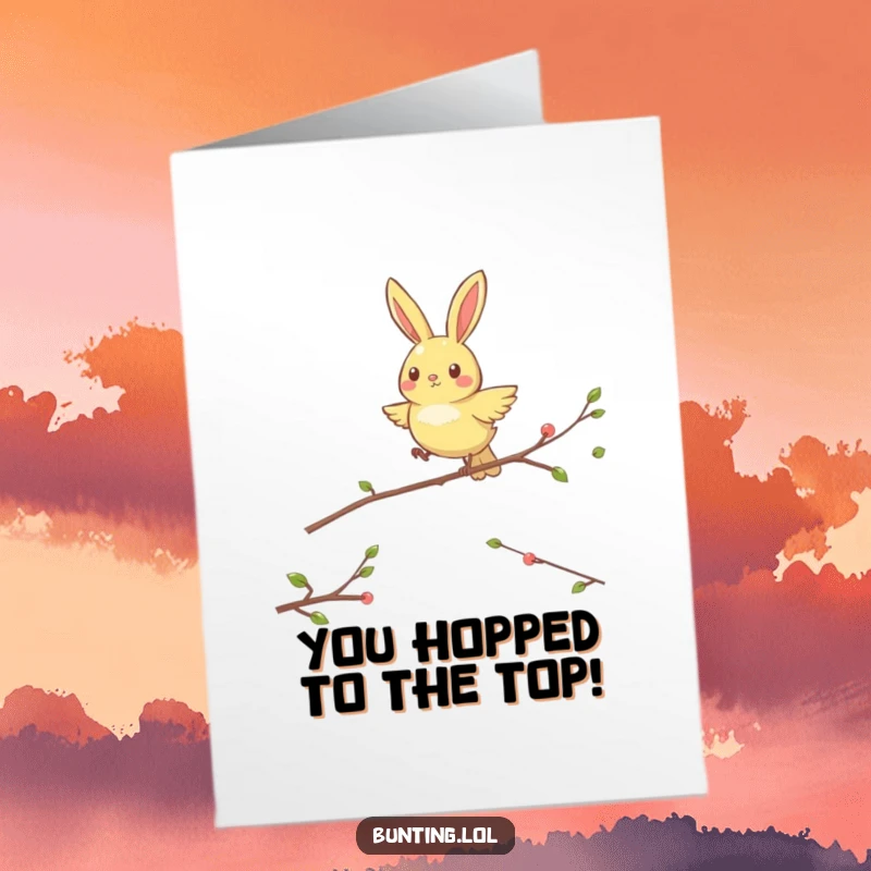 Funny Free Printable Congratulations Card showing a bunting character happily hopping from perch to perch, celebrating milestones.