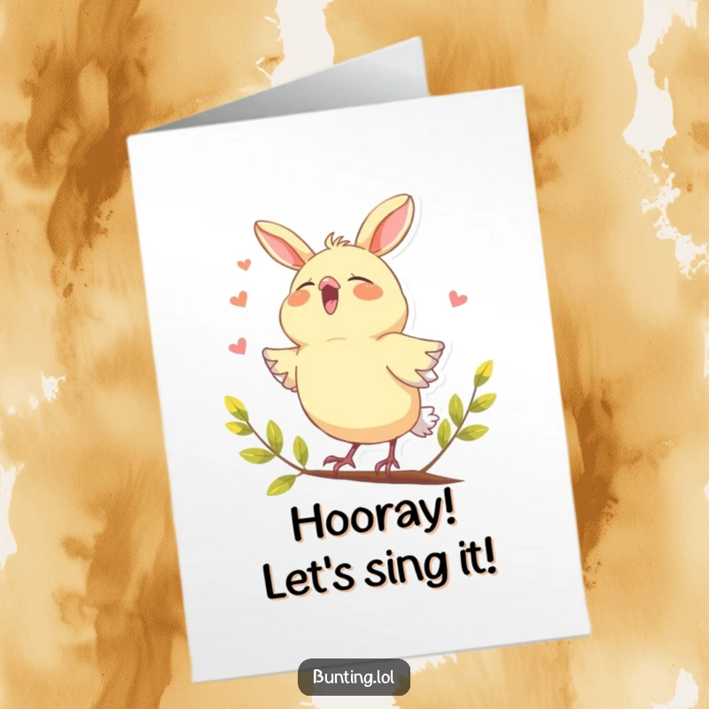 Funny Free Printable Bunting Congratulations Card: A happy bird singing loudly with its beak open in celebration.