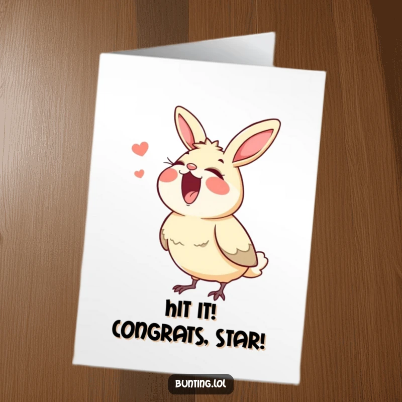 Funny Free Printable Congratulations Card: A bunting character joyfully sings at the top of its lungs, beak wide open.