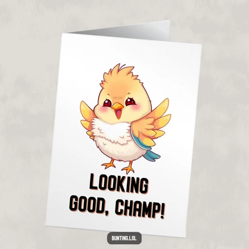 Funny Free Printable Congratulations Card: A happy bunting character playfully fluffing its colorful feathers to celebrate an achievement.