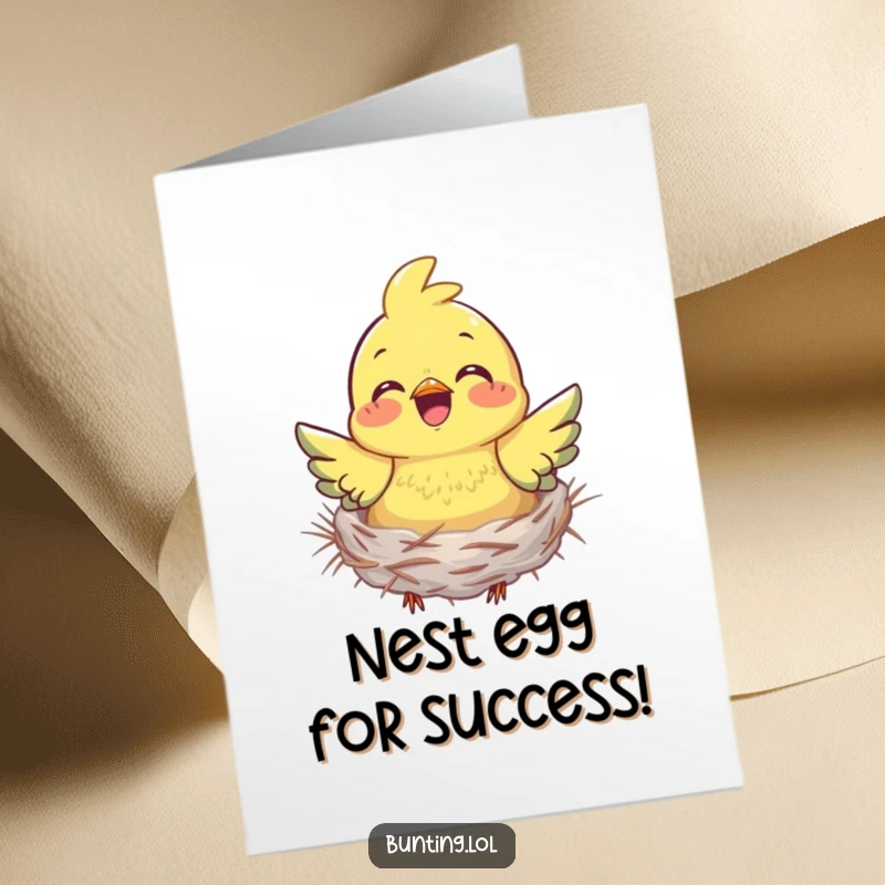 Funny Free Printable Congratulations Card showing a bunting joyfully gathering nesting material, celebrating new beginnings.