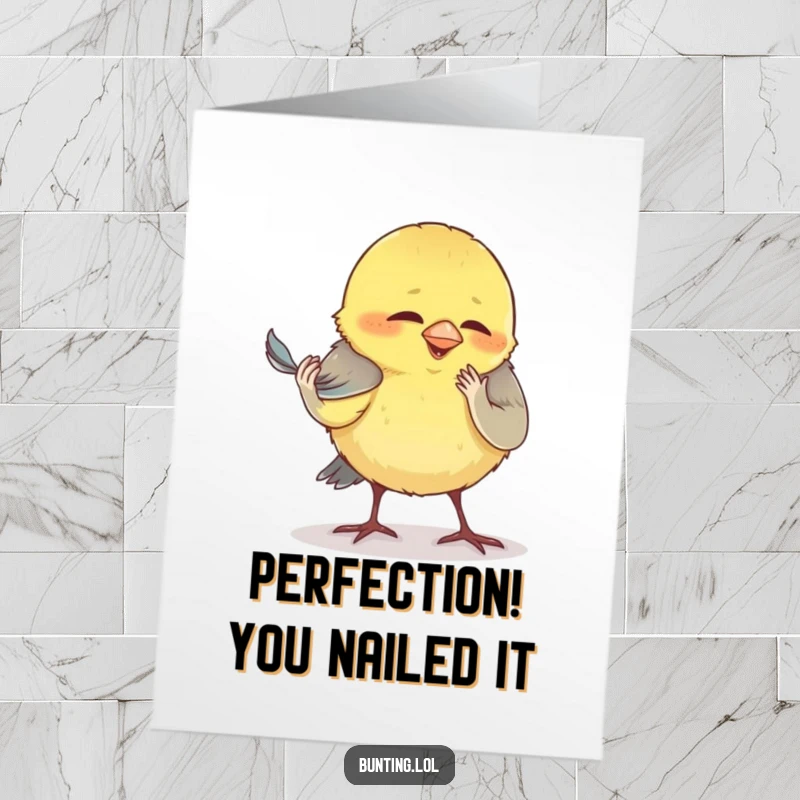 Funny Free Printable Congratulations Card: A bunting is comically engrossed in meticulously preening its very smallest feather.