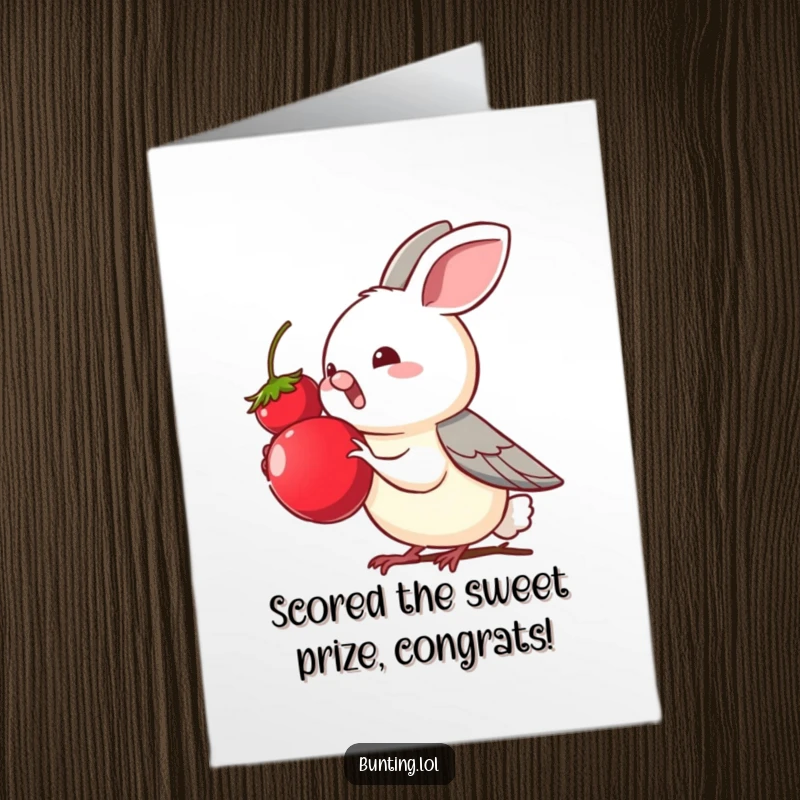 Funny Free Printable Congratulations Card: A cute bunting bird eagerly reaching for a delicious berry, celebrating success.