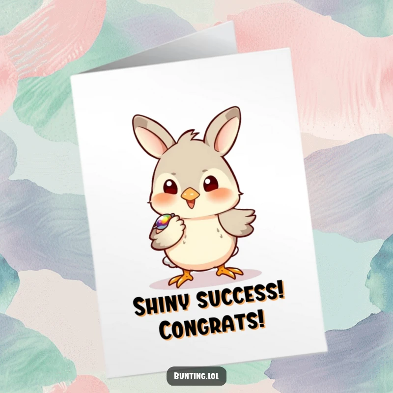 Funny Free Printable Congratulations Card of a bunting bird playfully pecking at a shiny object, symbolizing a great find.