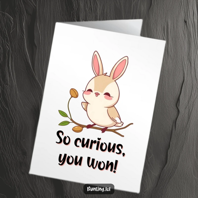 Funny Free Printable Bunting Congratulations Card: Bird curiously observing a seed, a thoughtful gesture, downloadable art.