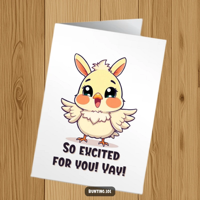 Funny Free Printable Congratulations Card featuring a bunting bird looking excited while fluffing its feathers, ideal for celebrations.