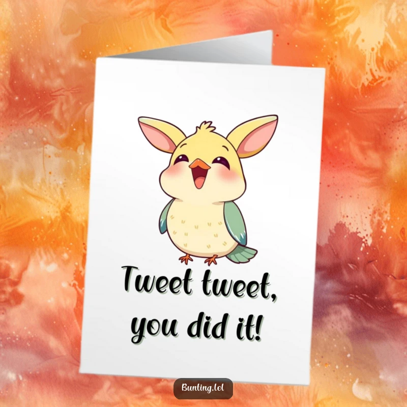 Funny Free Printable Congratulations Card: Bunting character happily chirping with beak open, celebrating success, a vibrant downloadable card.