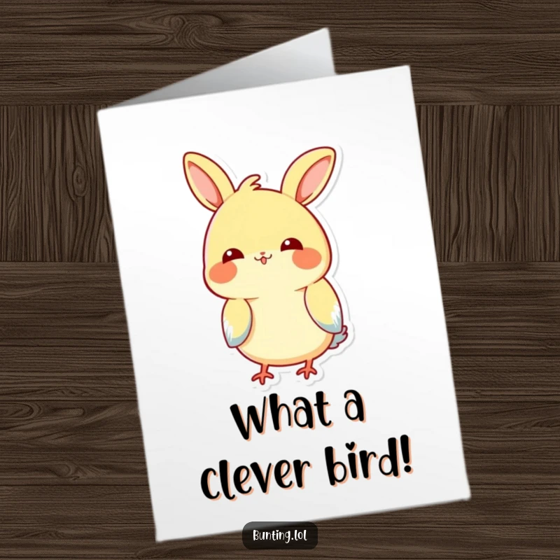 Funny Free Printable Congratulations Card featuring a bunting character playfully tilting its head, contemplating their achievement.