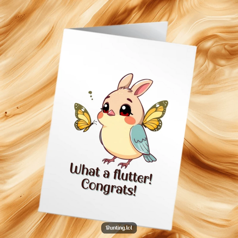 Funny Free Printable Congratulations Card: A curious bunting character tilts its head, observing a butterfly with a questioning look.