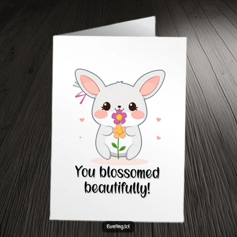 Funny Free Printable Congrats Card: Smiling bunting offers a colorful flower. Cheerful, downloadable congratulations.